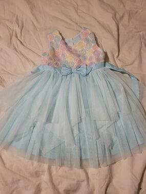 Jona Michelle Pastel Rosette Tulle Dress - Light Blue & Pastel Multicolor